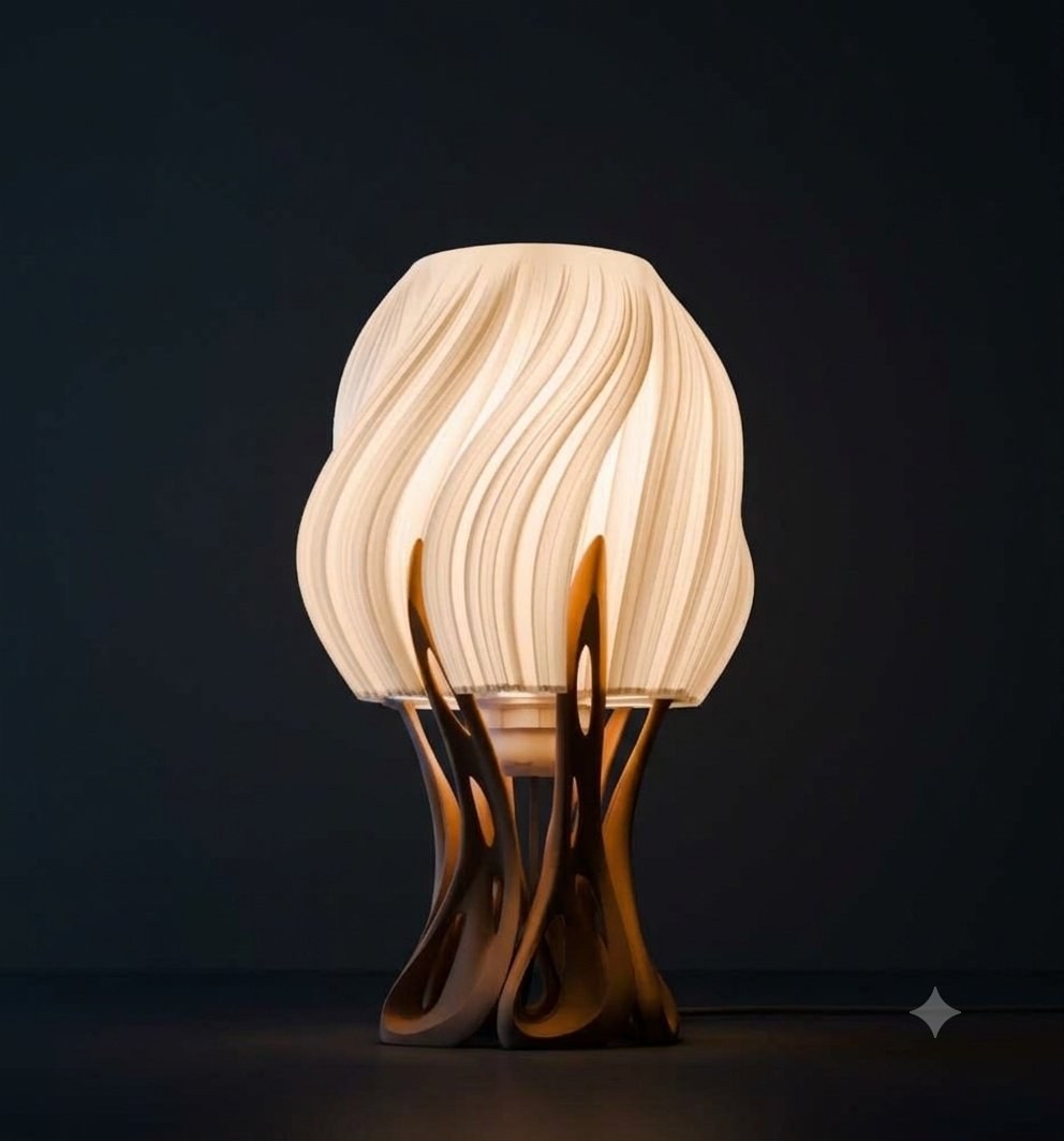 Coral Bloom table lamp lit against a dark background