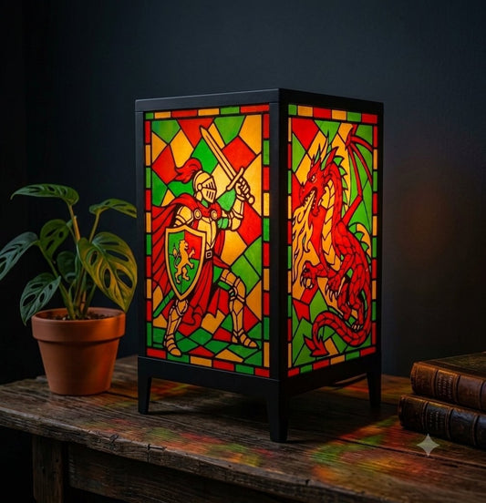 Dragonguard lantern with stained glass style knight and dragon panels