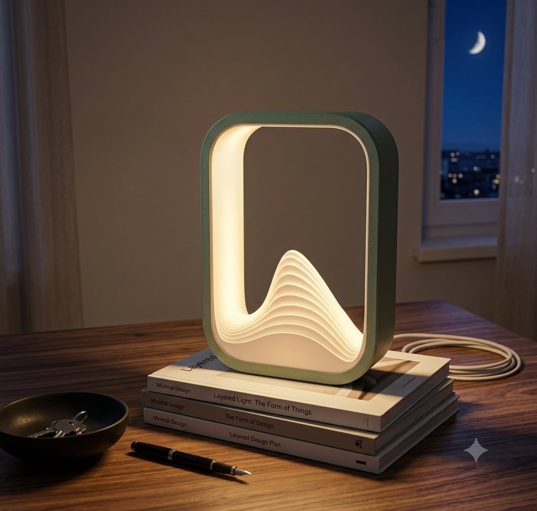 Dune Arch lamp with a layered wave inside a rounded frame