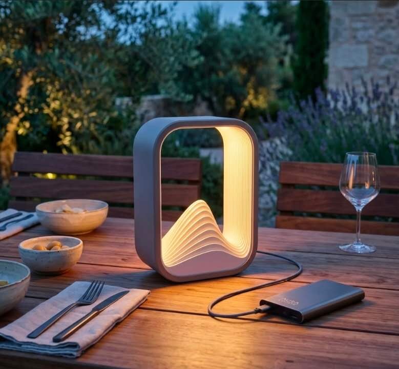 Dune Arch lamp lit on an outdoor table at dusk