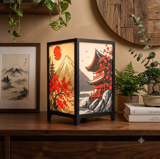 Kyoto Blossom lantern with printed pagoda and cherry blossom panels