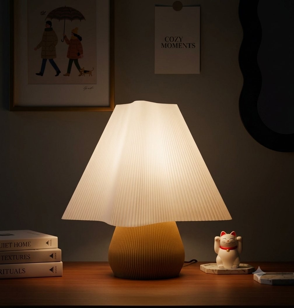 Petal Pleat table lamp lit in a dark room