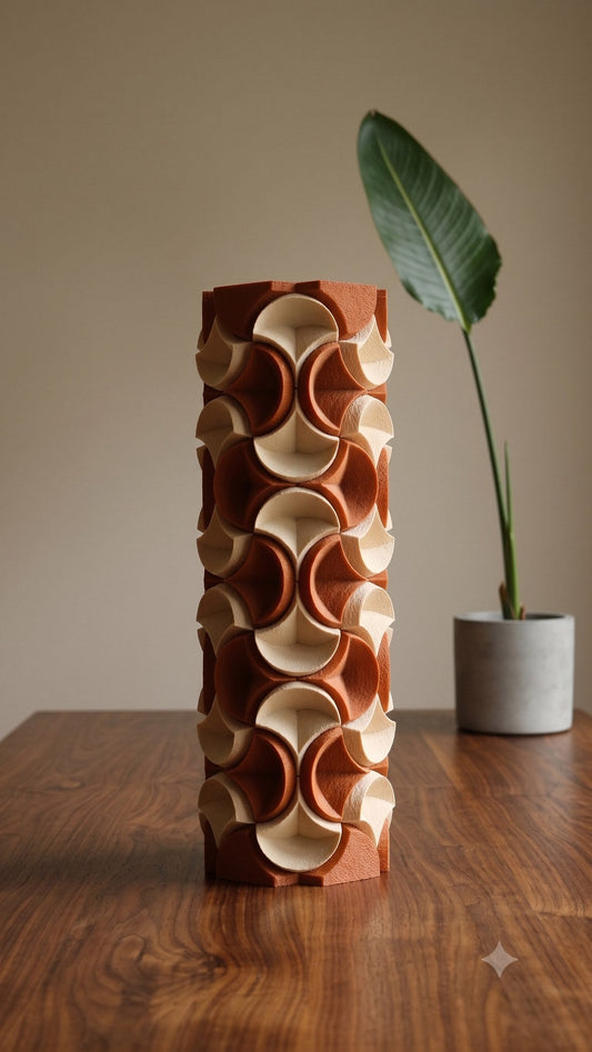Terra Crescent tower lamp with a two tone crescent tile pattern