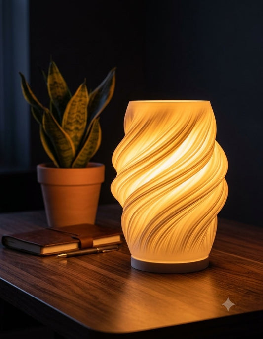 Vortex table lamp lit in a dark room